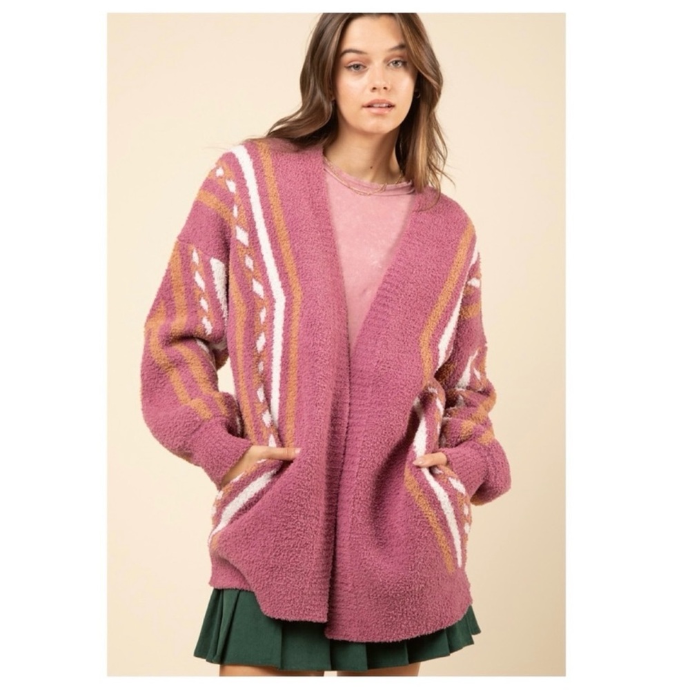 New In Pink Aztec Geometric Pattern Knit Sweater Cardigan - Picture 2 of 8